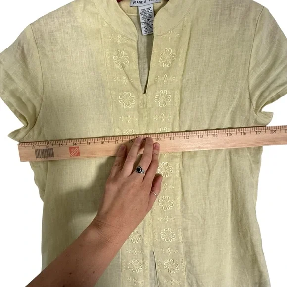 Deane + White 100% Linen Butter Yellow Short Sleeve Embroidered Top Cottagecore - Picture 4 of 7